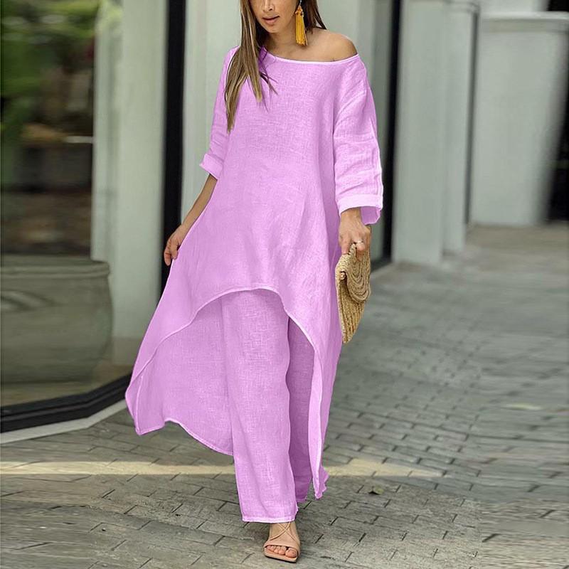 Womens 2026 Elegant Wide Leg Pant Set Loose Fit Solid Color Casual Office Wear Long Sleeve T-Shirt Trousers Ensemble Size S M L