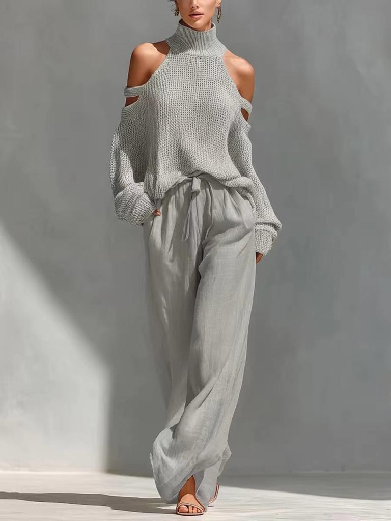 Off-Shoulder High Neck Knit Sweater and Wide Leg Pants Set In Beige