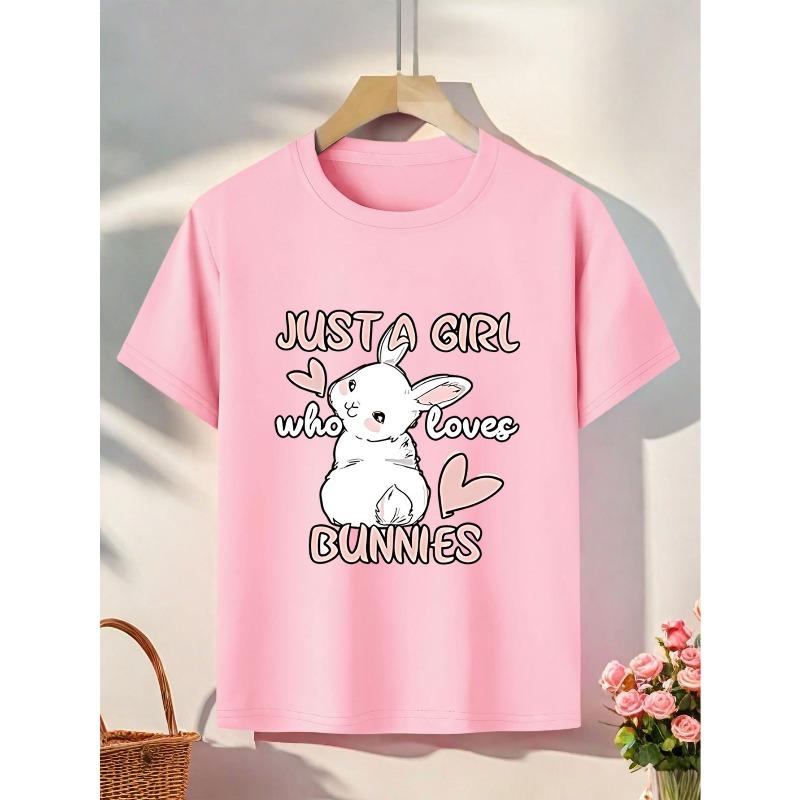 European sizes Girls  Cute Bunny & Hearts Print T-Shirt -  Just a Girl Who Loves Bunnies  Slogan, Soft Knit Round Neck Summer Top 164cm