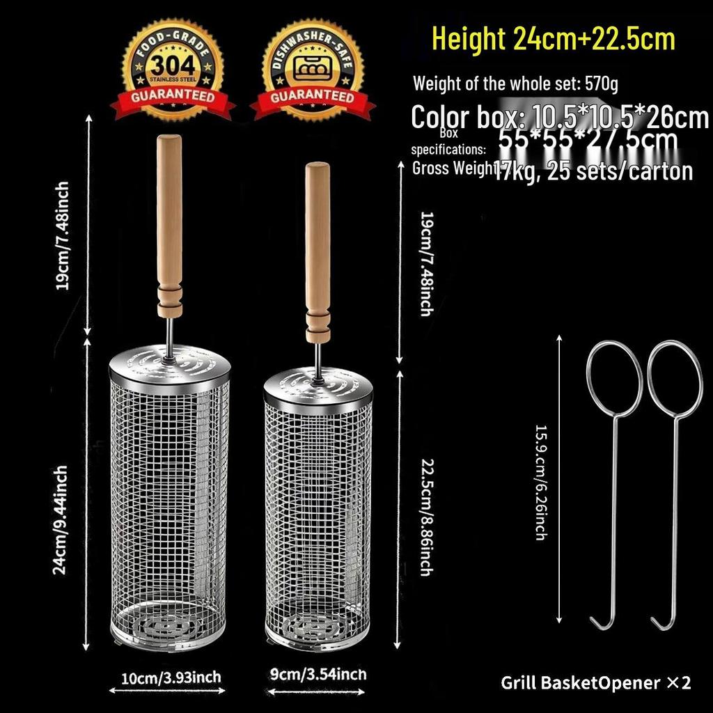 Stainless Steel Portable BBQ Rolling Grill Cage, Cylinder Smoker Net 304
