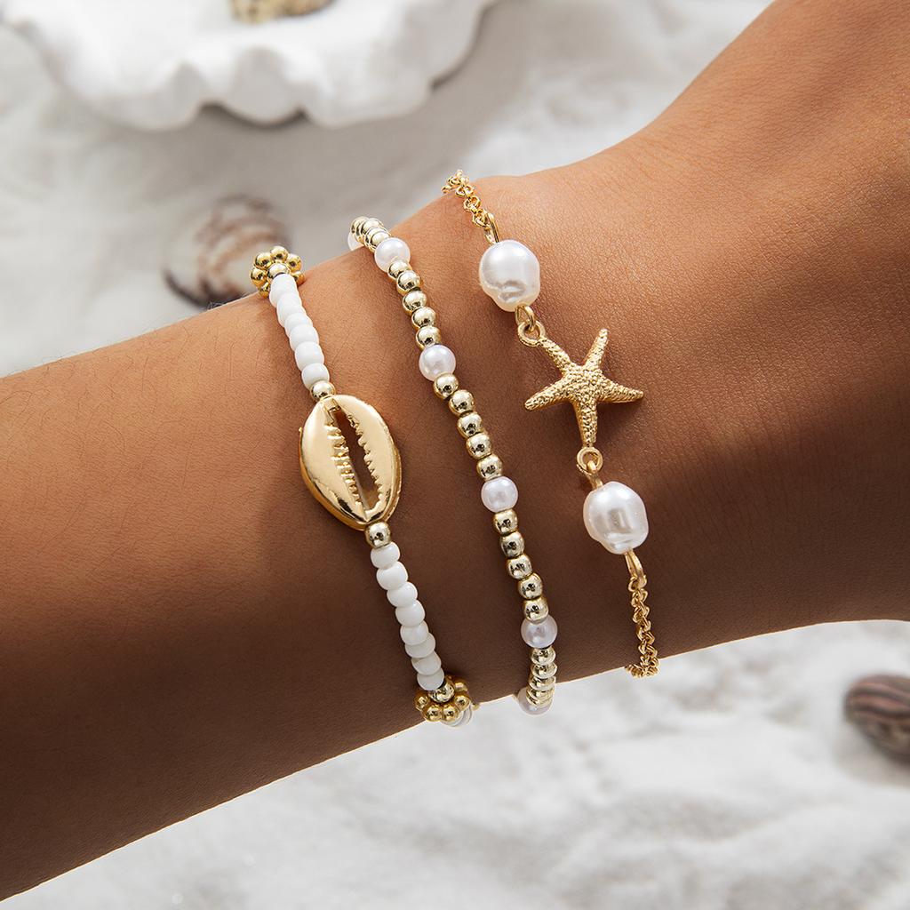 3pcs Set Bohemia Fashion Ocean Shell Starfish Pendant Imitation Pearl Beaded Bracelets for Women Summer Beach Vacation Jewelry