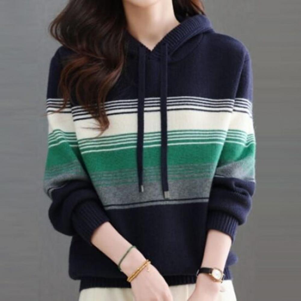 Navava Men Loose Fit Striped Color Block Long Sleeve Hoodie Knit Top Nk3389