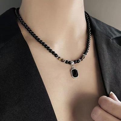 Black Beads With Square Pendant Necklace For Men Trendy Accessories Jewelry Male Gift Decoration