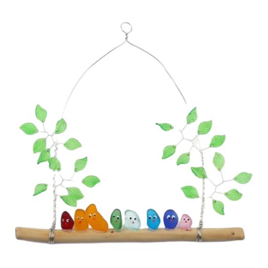 Colorful Bird Perch Seaglass Decoration Handmade Sea Glass Multicolor Bird on Branch Wall Art Sea Glass Artwork Wall Hanging Ornament