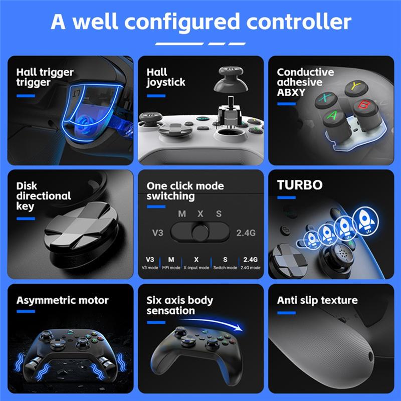 Manette de jeu Bluetooth pour iOS/Android Manette pour PC Bascule Hall Six Axes Double Vibration Joystick pour Switch