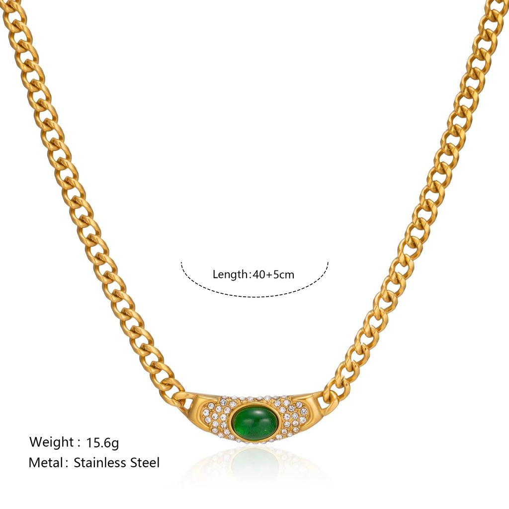 High-end Charm Stainless Steel Cat's Eye Stone Necklace Vintage Style Ancient Geometric Link Chain Choker
