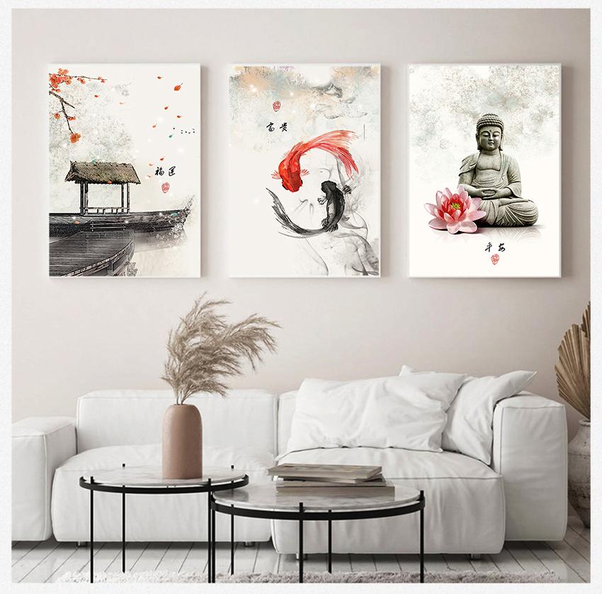 New Chinese Ink Flowers Buddha Wall Art Print Picture Canvas Painting Poster for Home Living Room Decoration Frameless