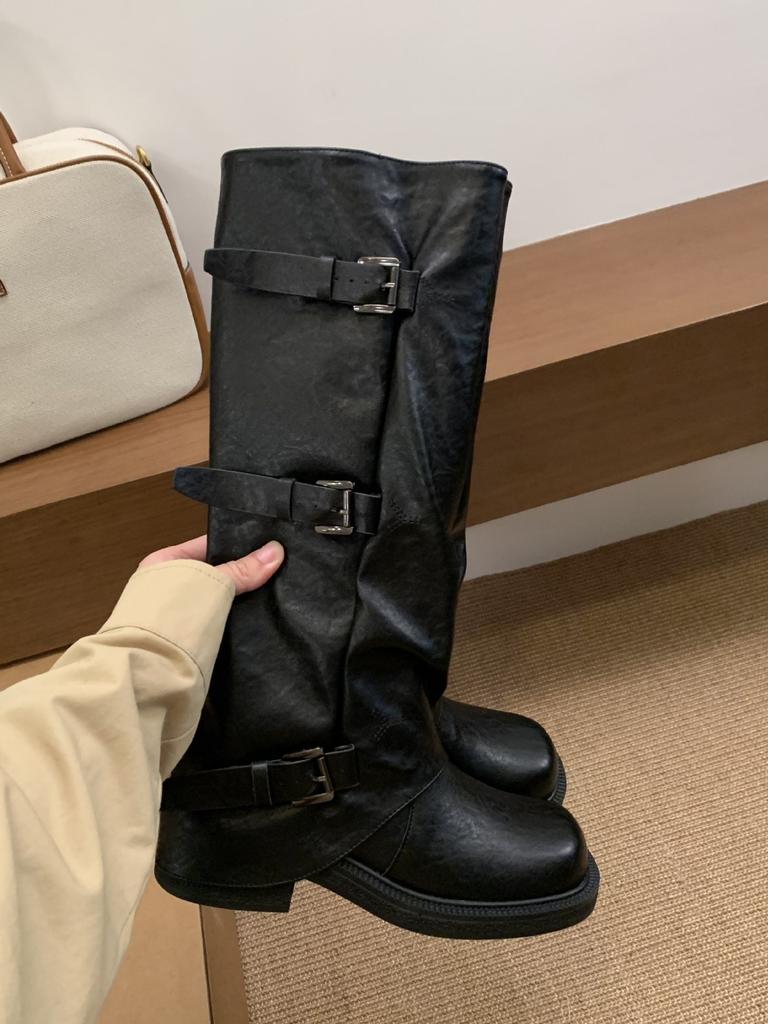 French Thick-soled Thick-heeled Belt Buckle Pleated Boots 2025 New Sweet and Cool Babes Stacked Pants Tube Boots Knight Boots