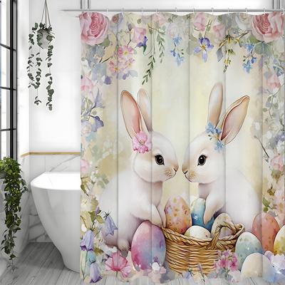 Easter Bunny Shower Curtain, Rustic, Cute, Eggs, Flowers, Flower, Bathroom Decorative Shower Curtain, Waterproof Shower Curtain