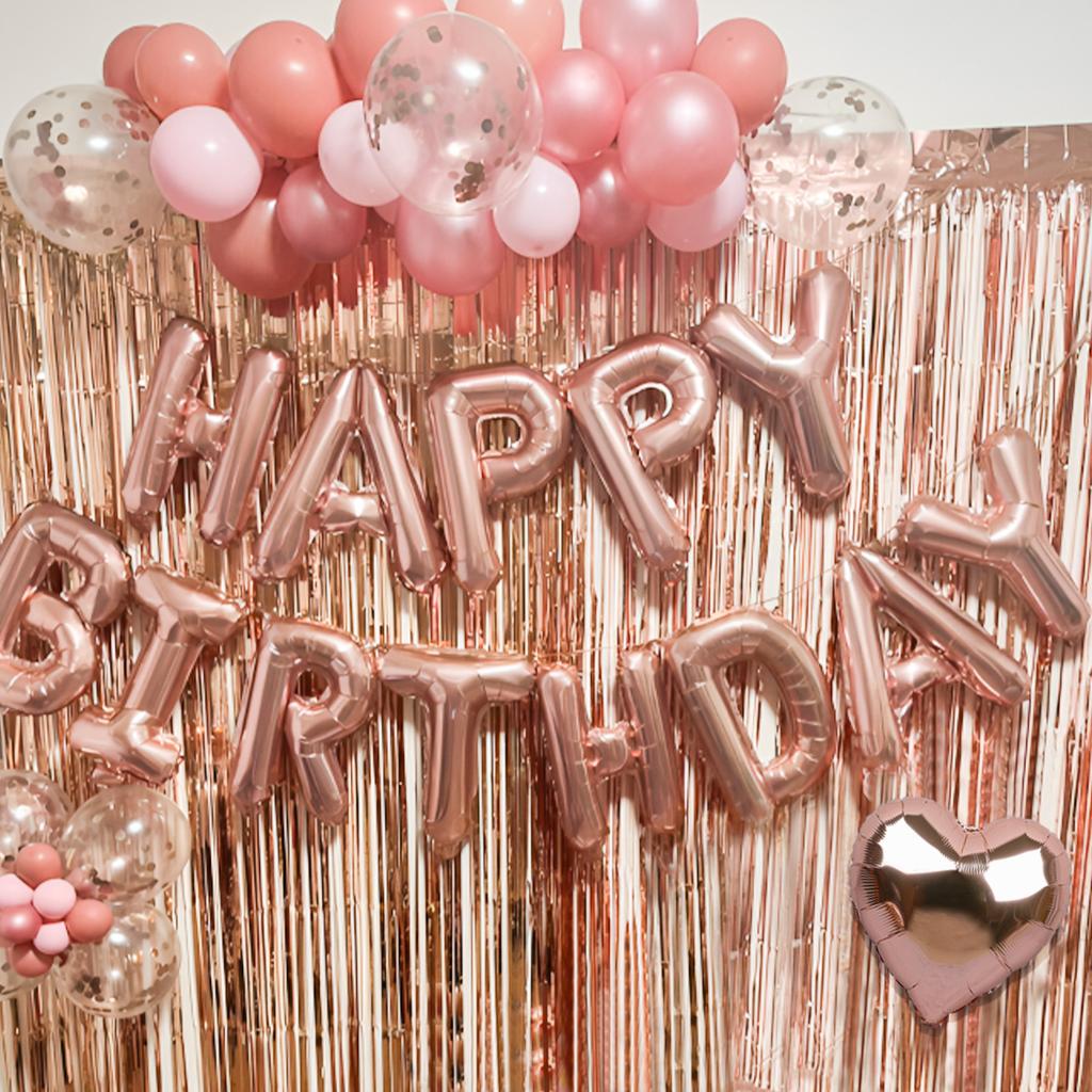 34pcs Rose Gold Birthday Party Decorations Including Tassel Curtains, Happy Birthday Balloons, Love Heart Aluminum Film Balloons