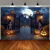 1 Halloween background with skull, lantern, full moon, and terrifying castle gate - Halloween decoration