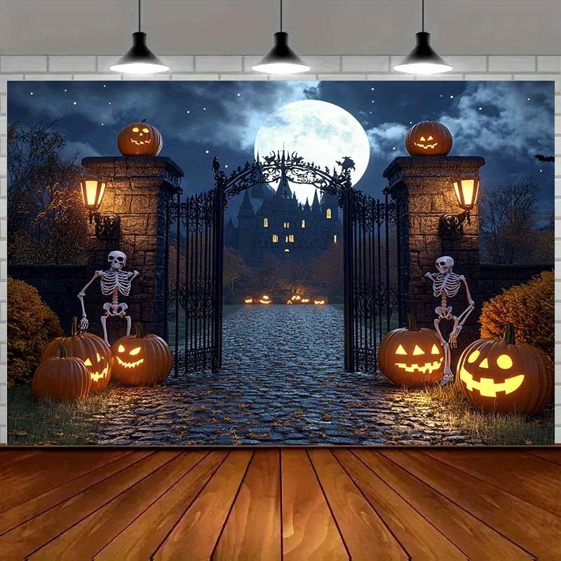 1 Halloween background with skull, lantern, full moon, and terrifying castle gate - Halloween decoration