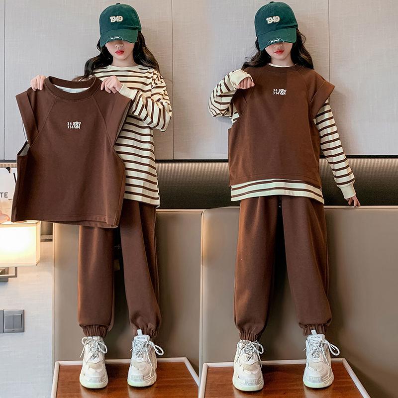 

Комплект из трех предметов в полоску для девочек 2024 года в корейском стиле: Футболка, жилет и брюки 160 cm