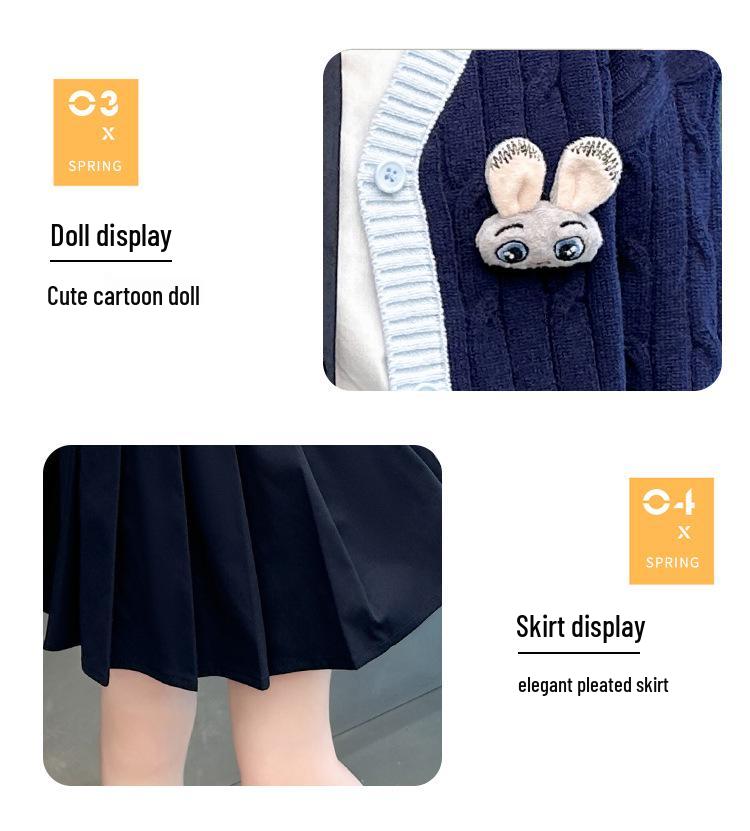 Girls' College Style Three-Piece JK Uniform Set: Pleated Skirt, Cardigan Sweater, and Bunny Officer Accent