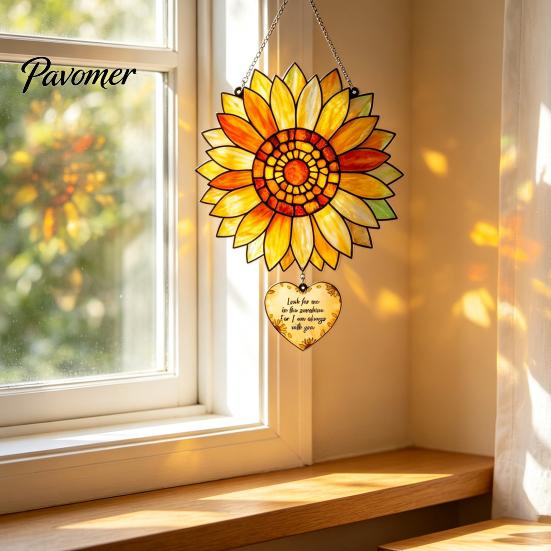 Stained Glass Style Decor Sunflower Pendant, Floral Wall Hanging Art with Metal Theme Party Gift Chain, Acrylic Ornament for Home Garden Window Porch