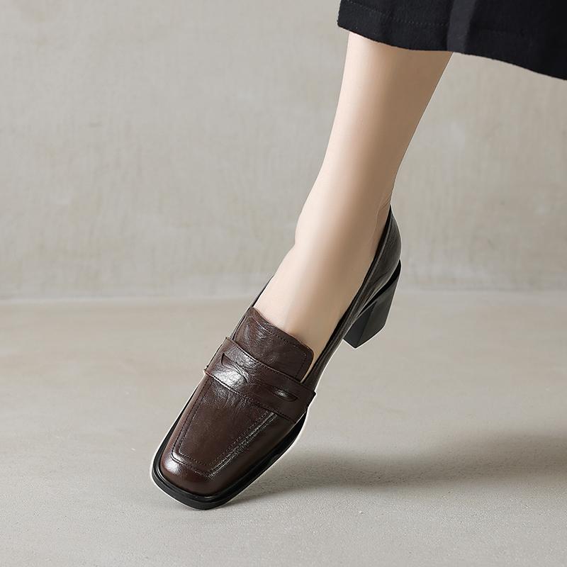 

Fashion 2025 New Spring Women Pumps Sheepskin Women Shoes Square Toe Chunky Heel Women Loafers High Heel Ladies Shoes Genuine Leather 40