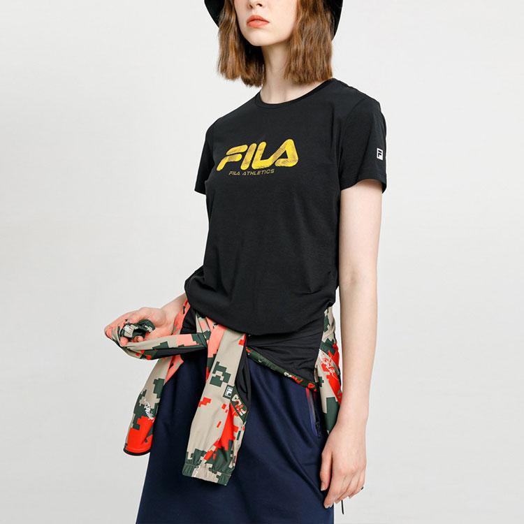FILA Logo Print Pullover Round Neck Short Sleeve T-Shirt Women Tops Black A11W021103GBK