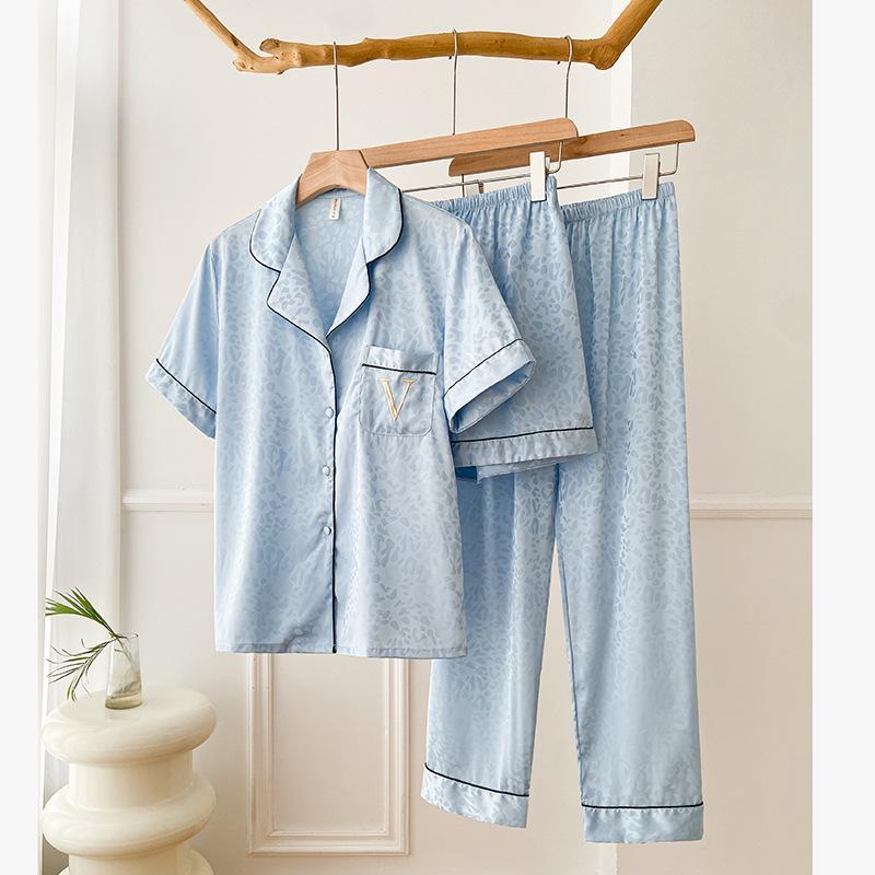 

Синяя пижама с леопардовым принтом, комплект из трех предметов, женская сексуальная пижама с лацканами, домашняя одежда, повседневная свободная пижама, атласная домашняя одежда XL синий