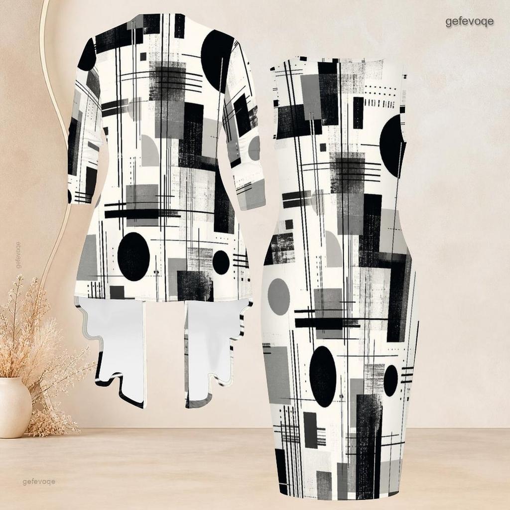 Womens Plus Size Geometric Printed Two Piece Set Sleeveless Bodycon Dress And 3 4 Sleeve Open Front Cardigan