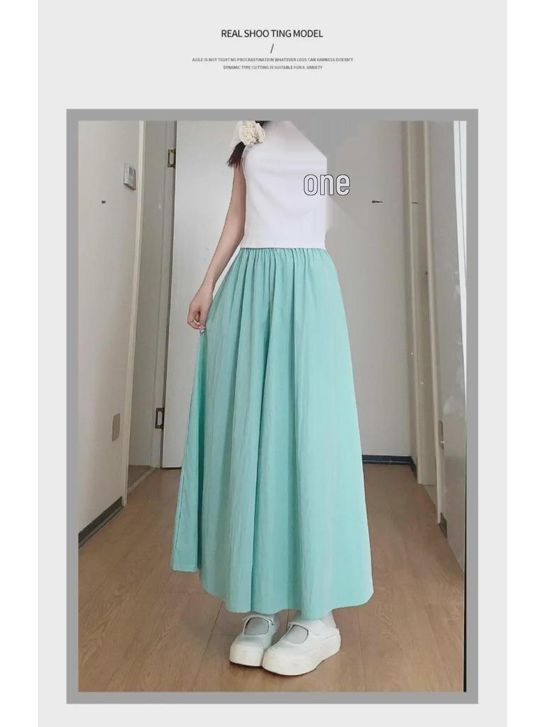 2025 Summer Women's Blue A-Line Pleated Midi Skort with High Waist and Wide-Leg Design