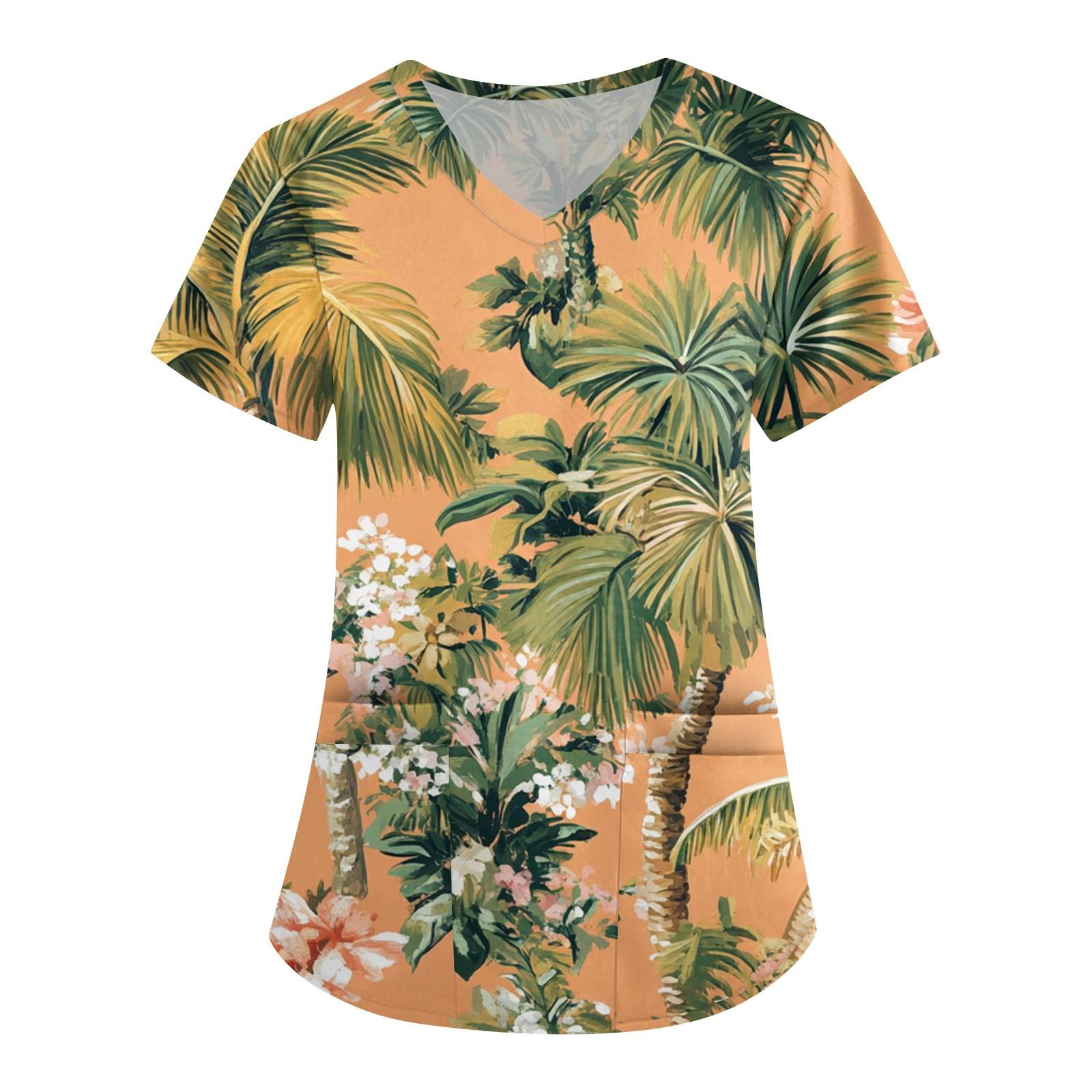 Женская мода V-образный вырез с короткими рукавами рабочая одежда с карманом гавайский принт топ костюм для ухода XXXXXL фото
