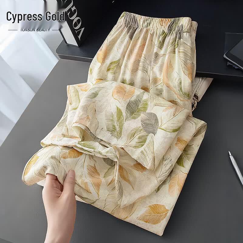 Sibaishe Women s Leaf Print Wide-Leg Casual Pants One Size