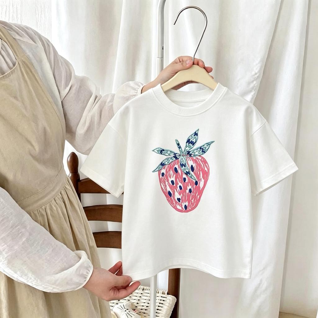 Print Strawberry Girl's T-shirt Summer New Kids Clothing Short Sleeve Tops Tees Crewneck Casual Simple Children's Tshirts
