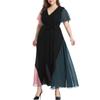 Women's Fashion Casual V-neck Collision Color Stitching Lacing Large Size Dress