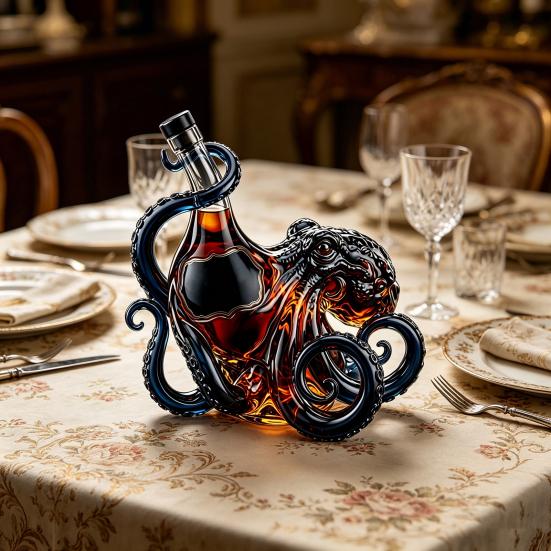 Octopus-Shaped Glass Decanter, 3D Artistic Borosilicate Bottle for Whiskey Wine Soda, 350ml Decorative Liquid Bottle, Unique Bar Decor Gift for