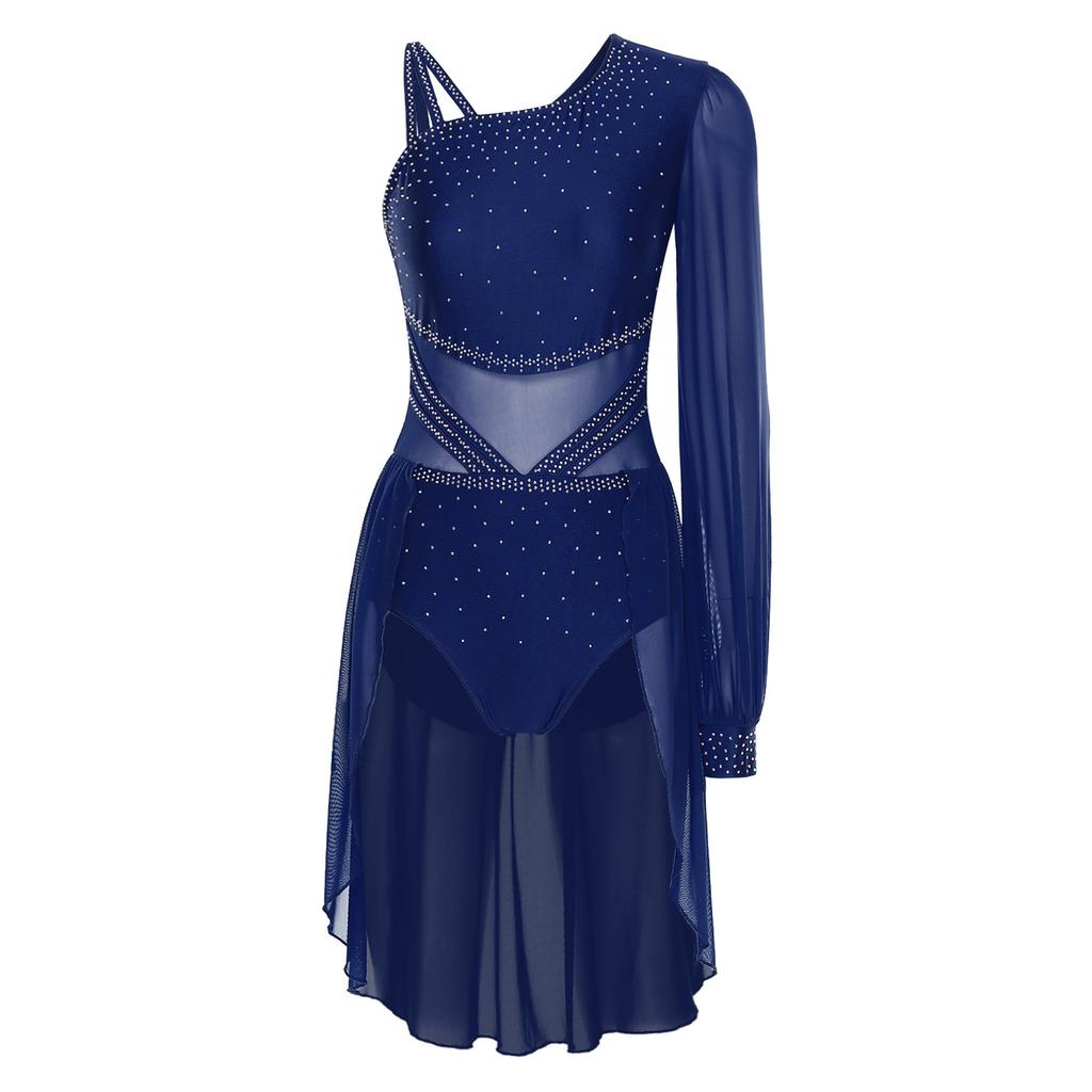 Womens One Shoulder Latin Dance Dress Single Sleeve Sparkle Rhinestone Performance Costume