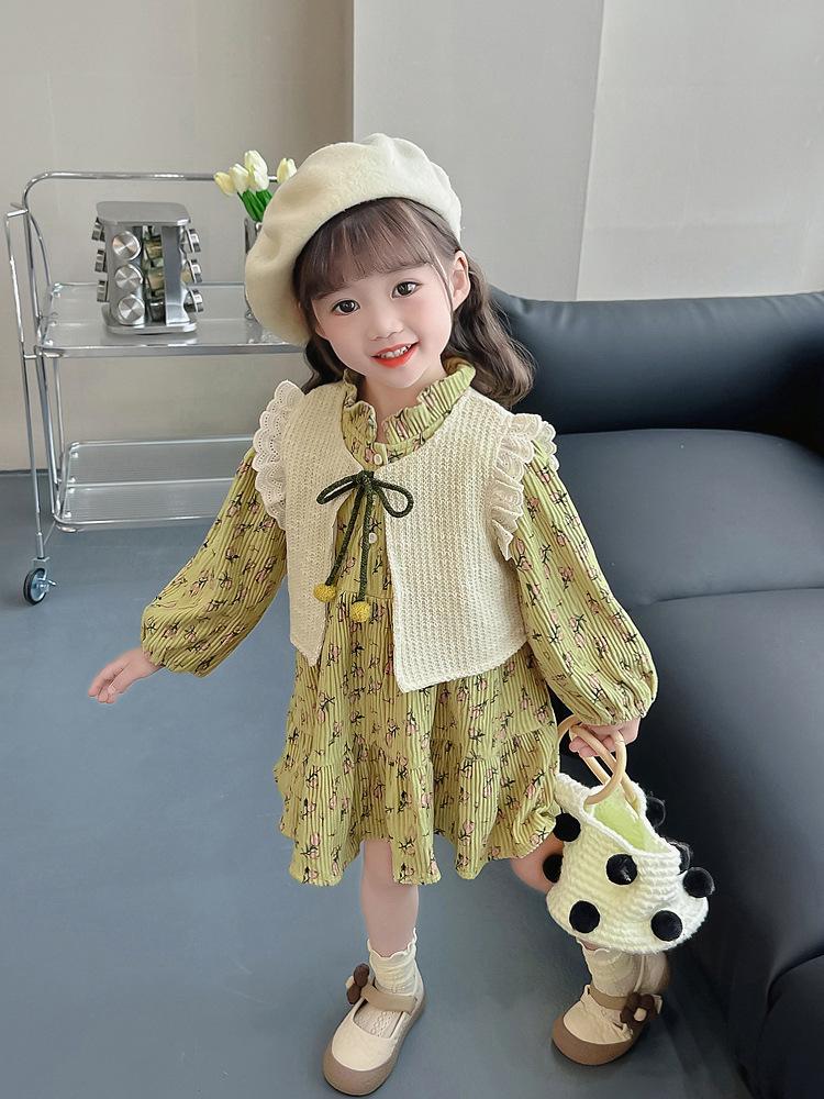 Girls' Stylish Princess Vest Dress Set – Long-Sleeve Floral for Spring & Autumn 2025