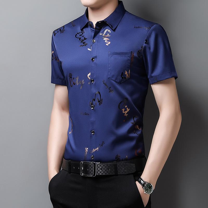 Summer Men's Floral Half Sleeved Shirts Ice Silk No Ironing Men's Fashion Short Sleeved Shirt Lapel Flower Shirt