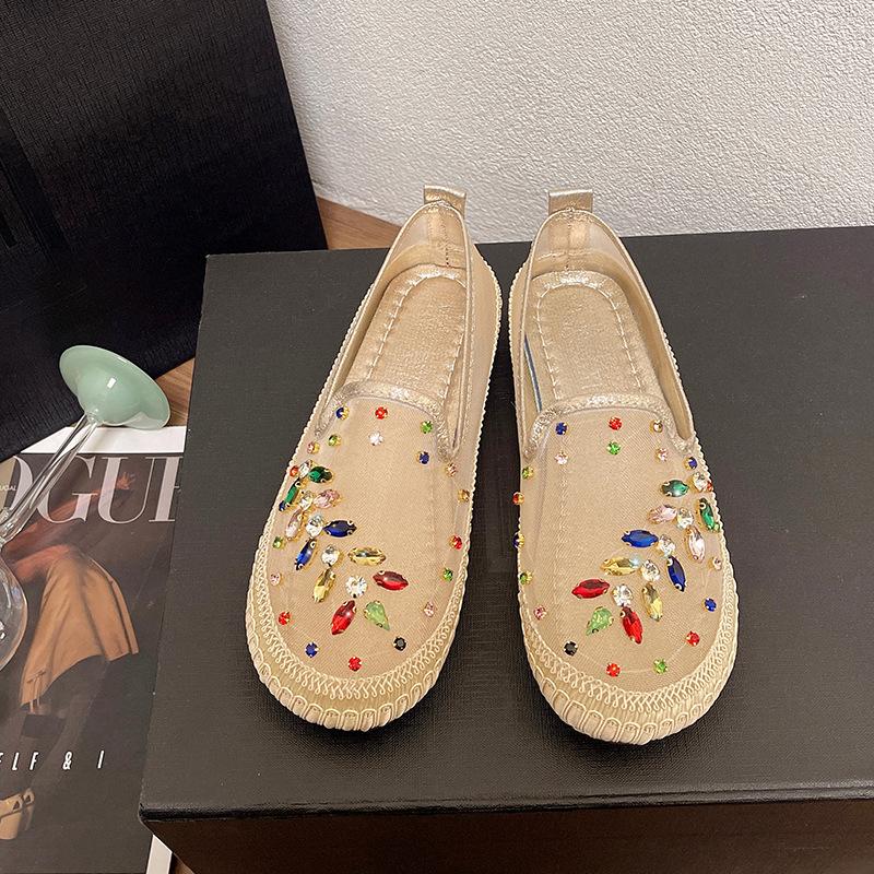 

Женские туфли-рыбаки со стразами 2024 года, весна-лето, новая корейская версия, сетчатая круглая носовая часть, низкий каблук, повседневные удобные туфли Doudou 40 золотой