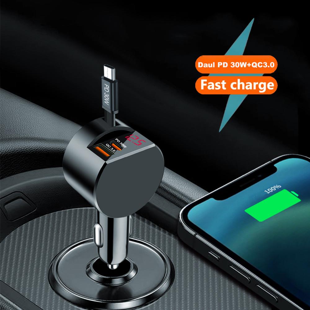 Car Charger Super Fast Charge Flash Charging with Telescopic Cable Voltage Detection 3 In 1 Car Charger USB Type C Ports Adapter