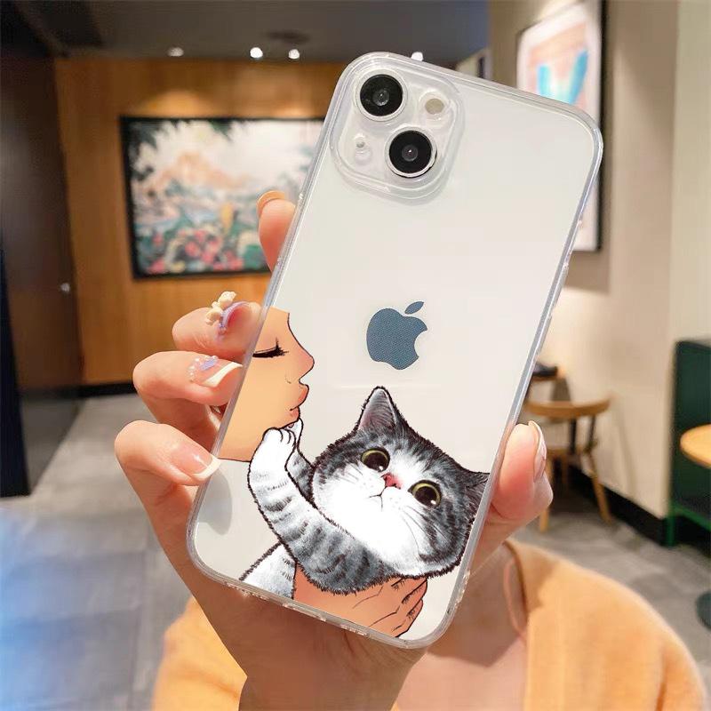 Kiss Cat Cute Kitten Cartoon Luxury Transparent Phone Case For iPhone 15 14 13 12 mini 11 Pro Max XS X XR SE 7 8 Plus Cover