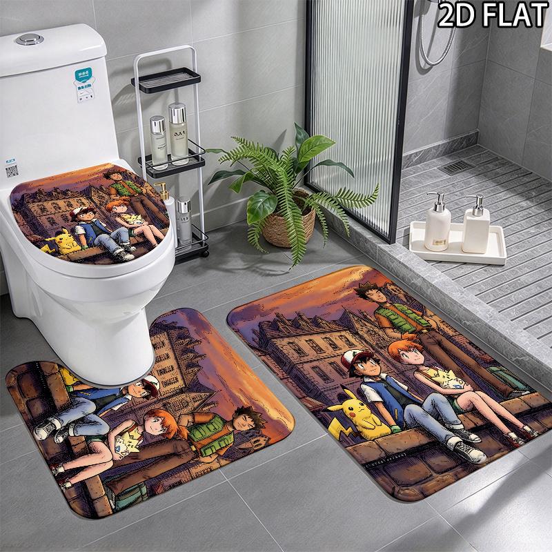 3pcs Ash Ketchum Pikachu Art Pattern Flannel Nonslip Absorbent Washable Decorative Bathroom Home Toilet Seat Cover Mat