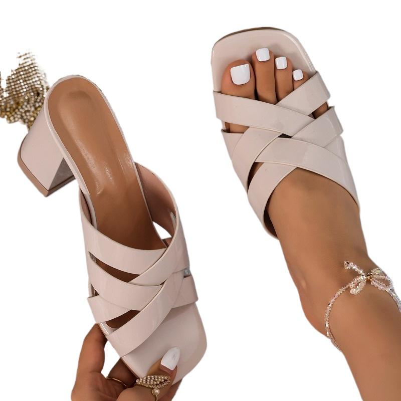 Hot Selling Summer Women's Shoes High Quality Solid Color Open Toe Thick Heel Large Size Fashionable High Heel Women's Slippers
