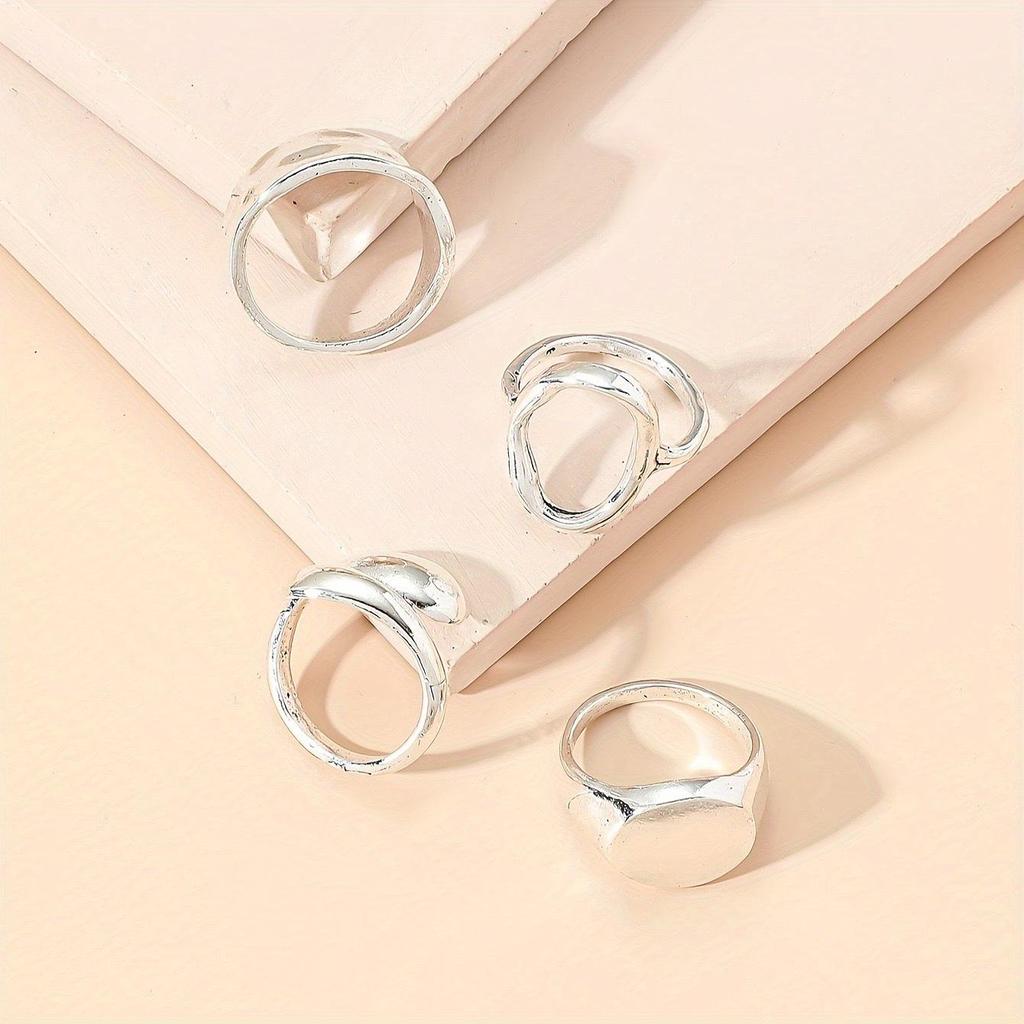 Retro Geometric Ring Set: 4-Piece Cool, Exaggerated Style Rings