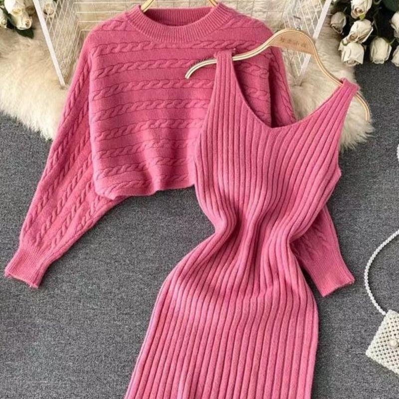 Autumn and winter lazy wind sweater women's loose blouse top two-piece set knitted suspender vest dress