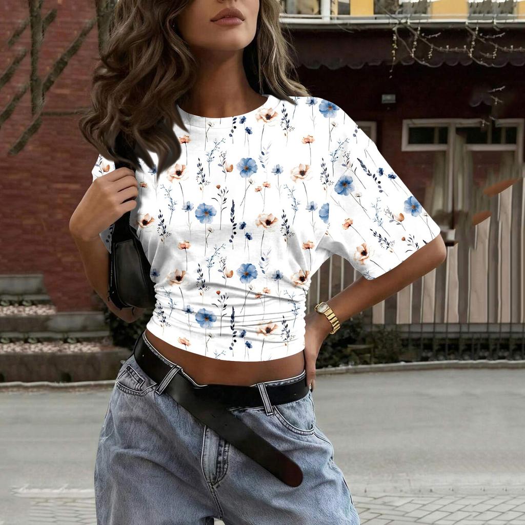 Women Round Neck Pullover Short Sleeve T Shirt Floral Print Loose Fit Casual Top for Everyday Wear