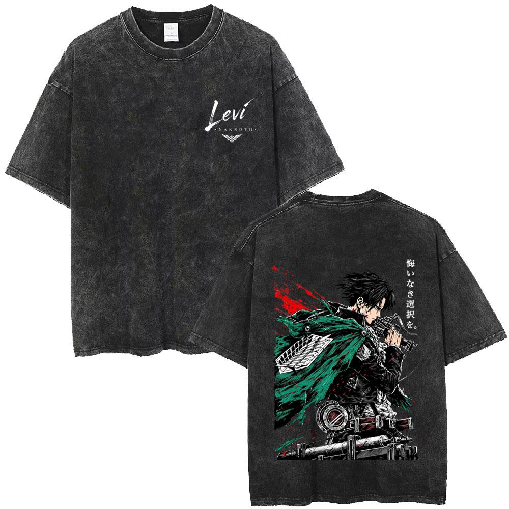 T-shirt Grafiche Vintage Lavate Anime L'Attacco dei Giganti Levi Ackerman Uomo Donna Cartone Animato Manga Merch T-shirt Maschile T-shirt Oversize