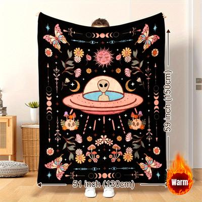 Alien UFO Spaceship Throw Blanket Witchy Cottagecore Decor Soft Flannel Fleece Blanket for Home