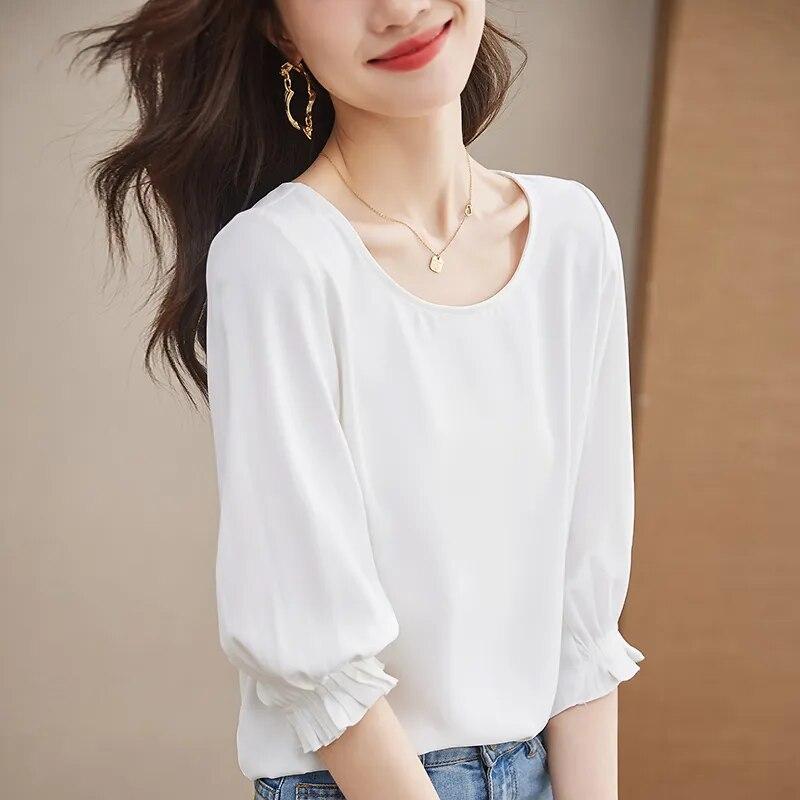 Moda șifon și gât O Cămăși pentru femei Topuri cu mâneci trei sferturi Bluze pentru damă de birou alb Îmbrăcăminte pentru femei 29467