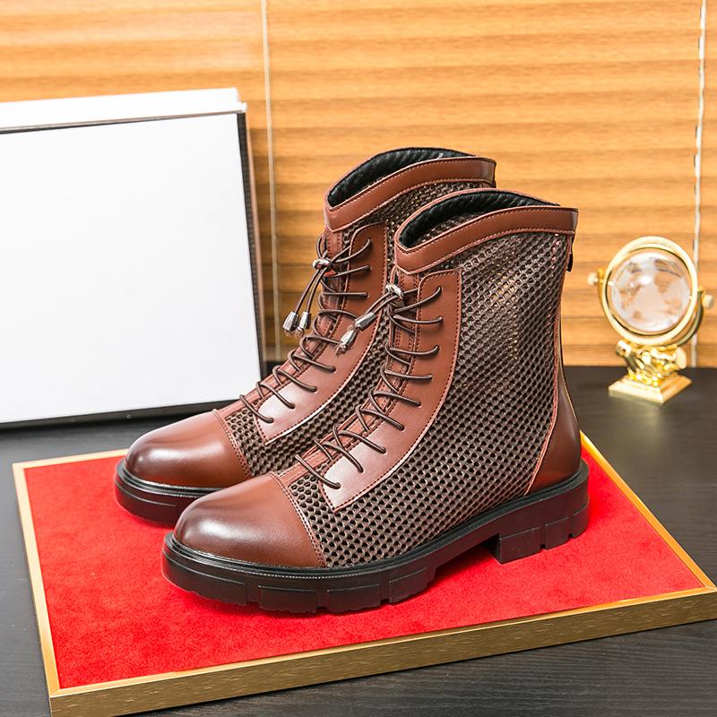 

Мужские мотоциклетные повседневные летние дышащие высокие ботинки уличный стиль крутые ботинки большой размер EU:46 коричневый