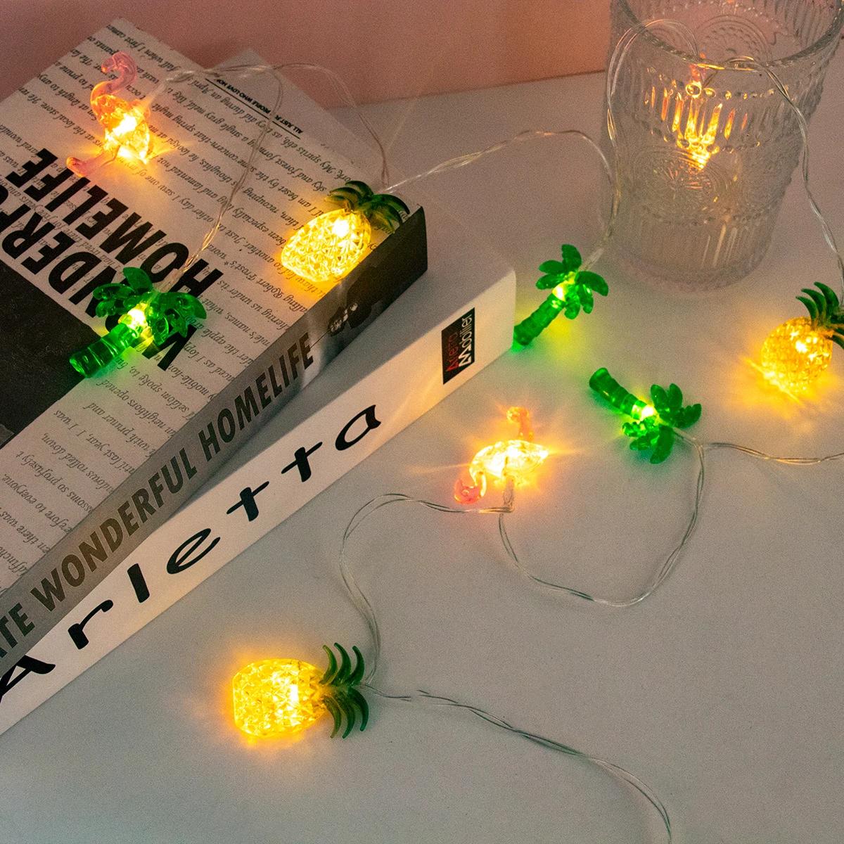 

1PC 10/20 LED Flamingo Pineapple Palm Tree String Lights Battery Operated Tropical Beach Hawaiian Fairy Atmosphere Lights 1.5M10LED теплый белый