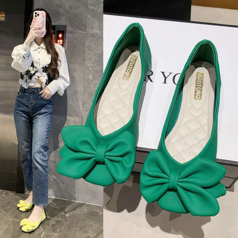 Single shoes women's spring and summer new Korean version of square head flat bottom bow women's shoes low-top shoes Doudou pedal lazy shoes tide