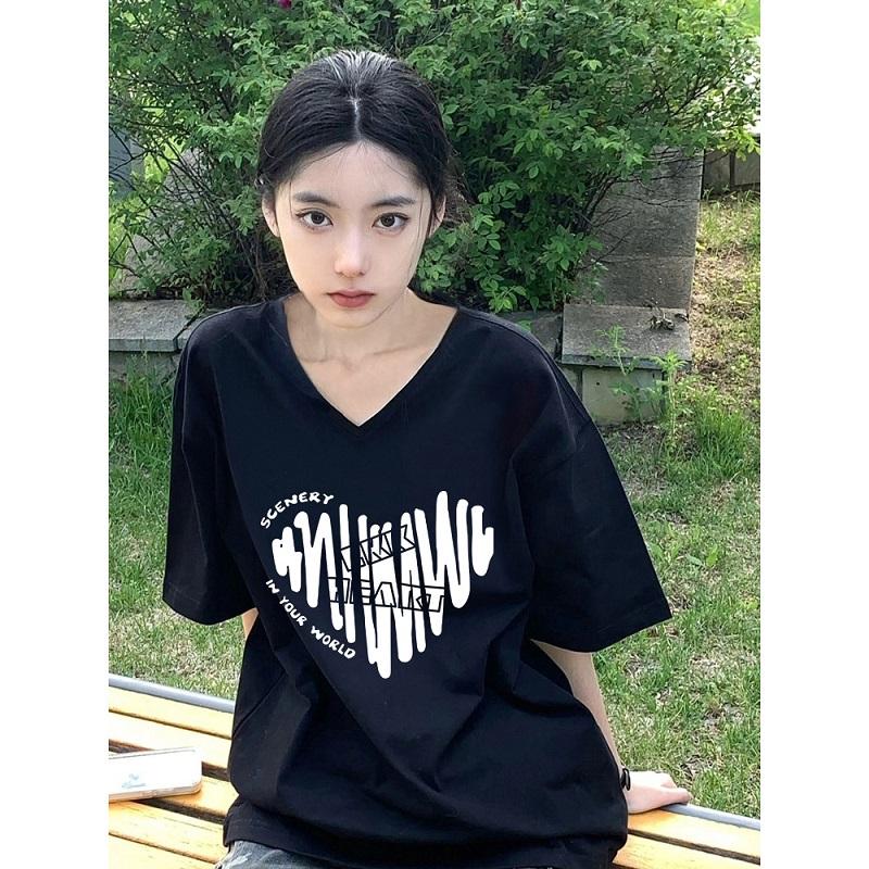 Women's V-Ne Oversize Cotton T-irt ort Sve Loose Fit Summer Casual Print Korean Sle Comfortable Breathable Top