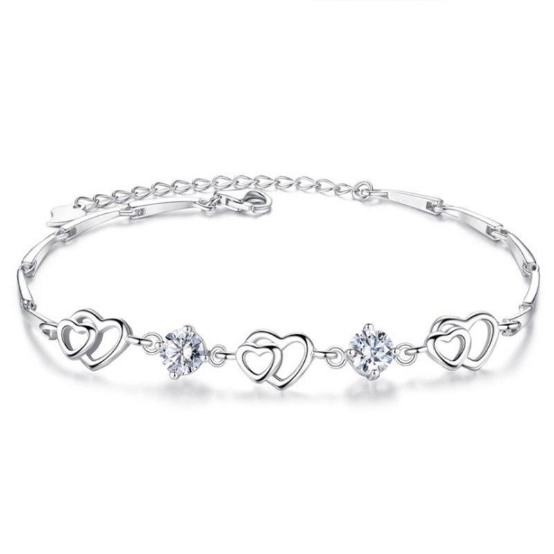 S999 Heart-to-heart Silver Bracelet for Women, Heart-shaped Interlocking Japanese and Korean Jewelry Accessories, Birthday Gift for Best Friend
