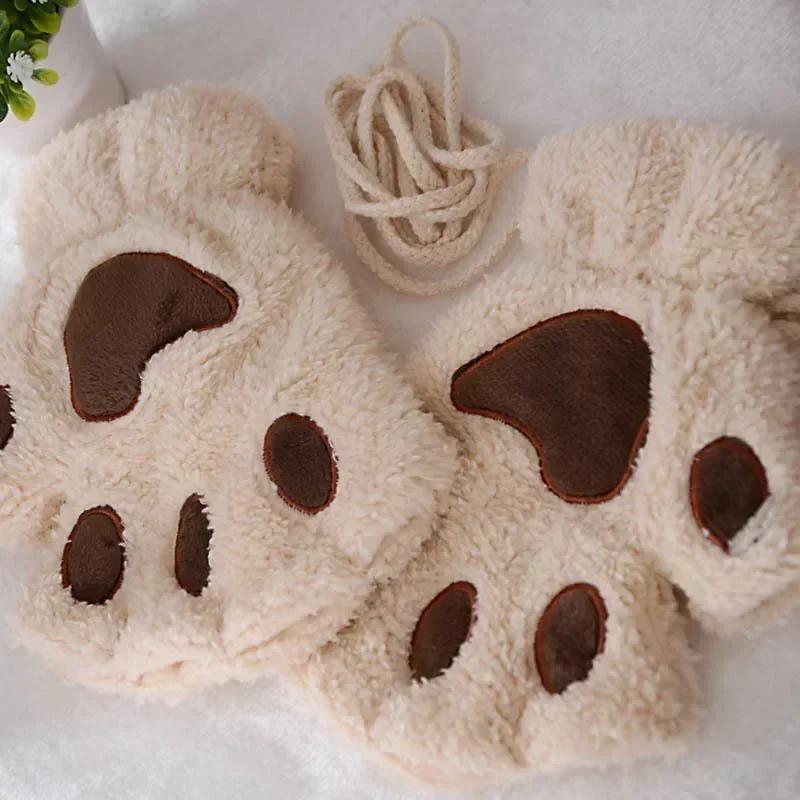 2026 Autumn Winter Kawaii Plush Cat Claw Paw Gloves Warm Soft Short Fingerless Fluffy Bear Mittens Costume Half Finger Gloves