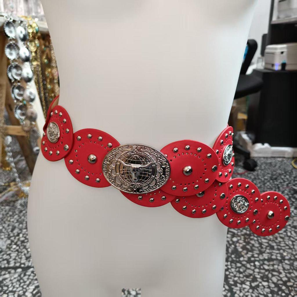 Women's Retro Oval Western-Style Leather Belt with Denim Waistband Decoration